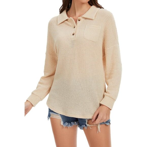 Womens Waffle Knit V-Neck Long Sleeve Button Top Casual Office Style - Picture 3 of 7